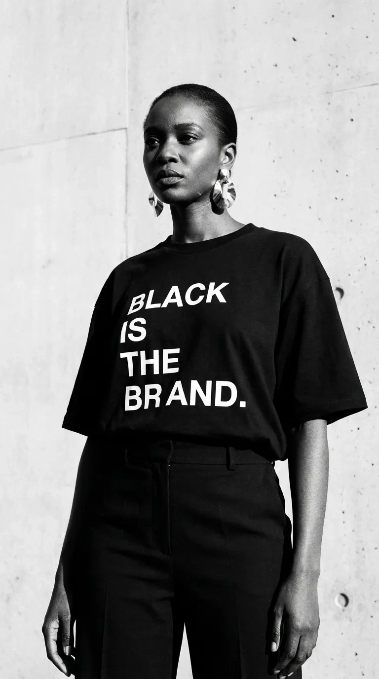 Look 01 — BLACK IS THE BRAND tee with tailored trousers