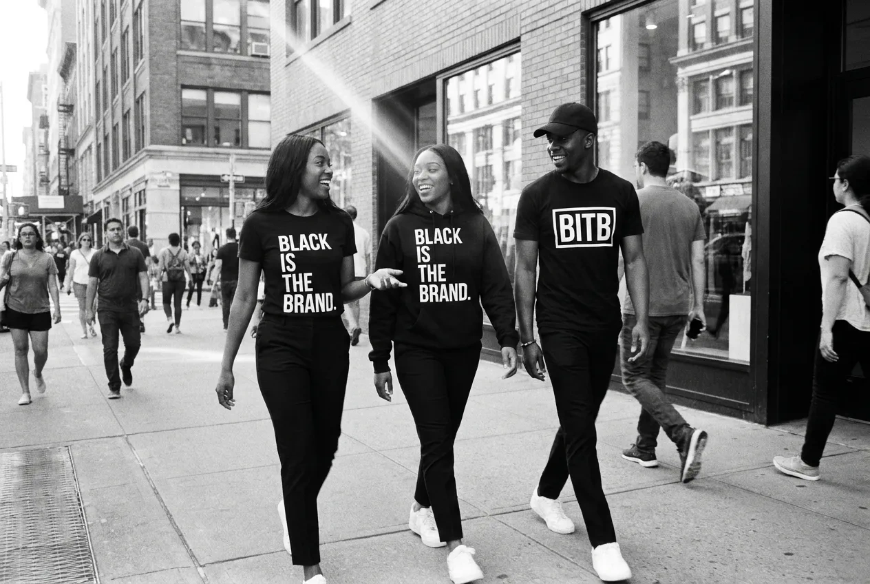 Look 03 — three friends walking down a NYC sidewalk in BITB